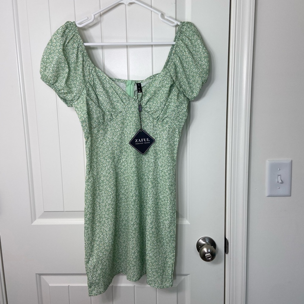 NEW Zaful women’s light green‎ floral puff sleeve mini summer dress spring small